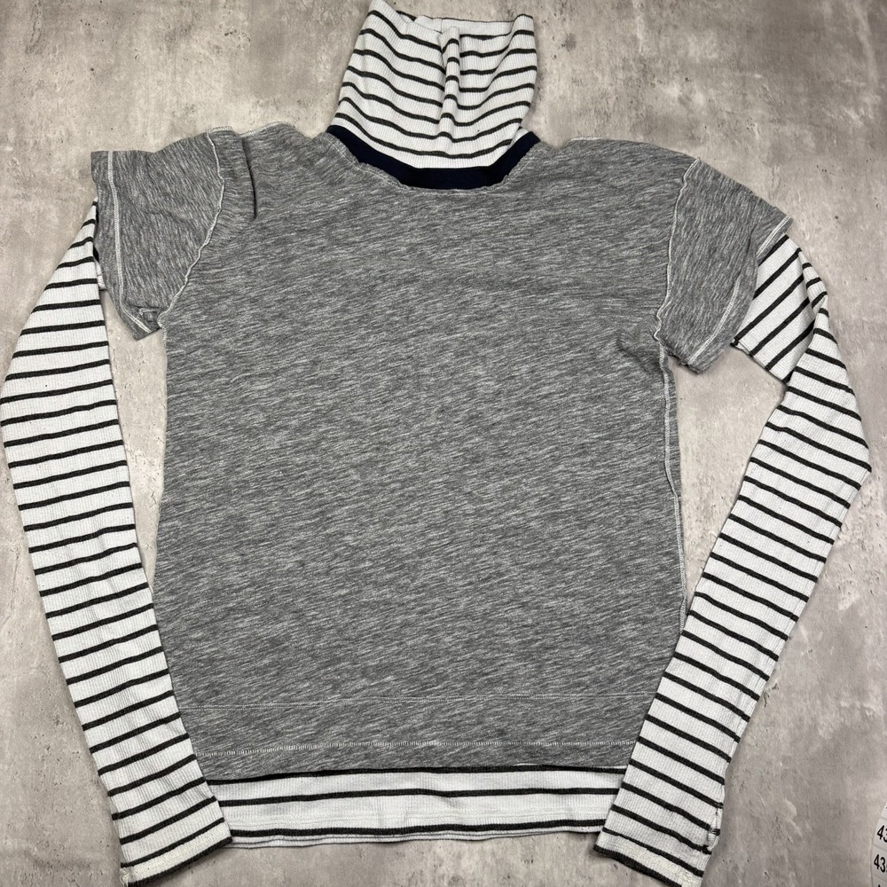 WE THE FREE Sz M Gray Long Sleeve Layered White Striped Cotton Turtle Neck Top